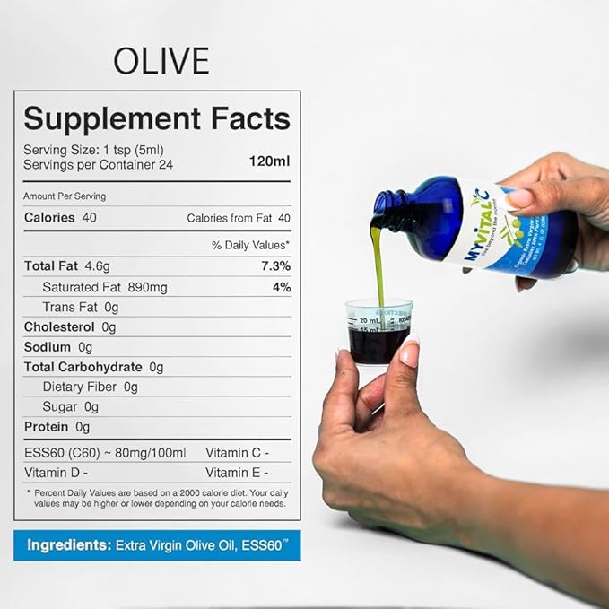 MyVitalC Organic Extra Virgin Olive Oil - Pure ESS60 Antioxidant Supplement - for Anti-Aging Oxidation Longevity Sleep More Energy - 120ML