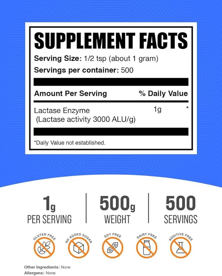 BulkSupplements.com Lactase Enzyme (3000 ALU) Powder - Lactase Enzyme Supplement Digestive Support - Gluten Free 1g per Serving 500g (1.1 lbs) (Pack of 1)