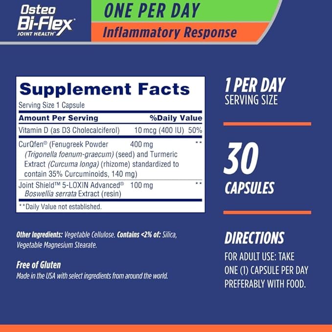 Osteo Bi-Flex One Per Day Inflammatory Response CurQfen Plant-Based Supplement Improve Joint Function Strength Flexibility Mobility 30 Capsules