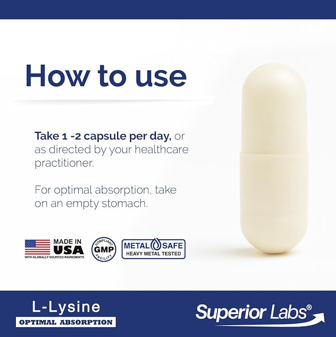 Superior Labs L-Lysine 500 mg Capsules Pure Non-GMO Third-Party Tested No Fillers Gluten Free Supports Immune System Promotes Calcium Absorption 120 Caps