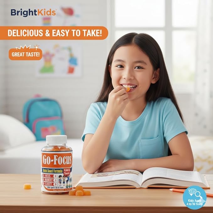 BrightKids Brain Supplements for Memory and Focus Omega 3 &amp DHA Focus Gummies for Kids Memory Booster Focus Supplement for Kids &amp Teens- Low-Sugar Natural Fruit Flavor 60 Gummies
