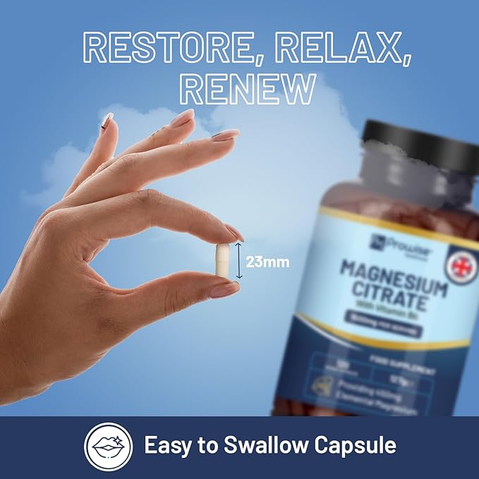 Magnesium Citrate Capsules 1500mg with Vitamin B6 | 120 Vegan Capsules | 450mg Elemental Mg | Capsule not Tablets | Made in UK by Prowise