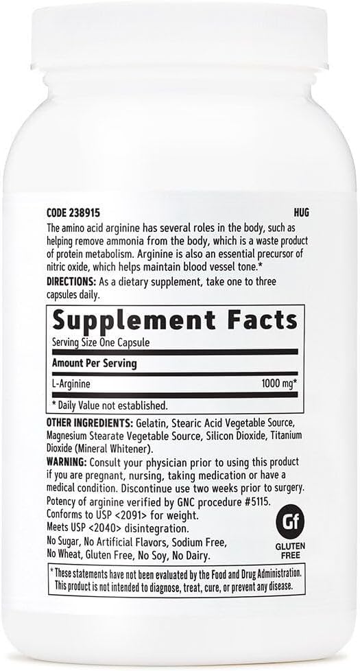 GNC L Arginine 1000mg Supplement Supports Healthy Blood Vessel Tone 90 Servings
