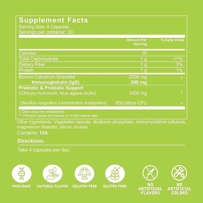 VITINITY Grass Fed Bovine Colostrum Capsules for Humans - Natural IgG Colostrum Supplement for Gut Health Immune Support Muscle Recovery &amp Wellness | Pure Colostrum Superfood Unflavored (120 Co
