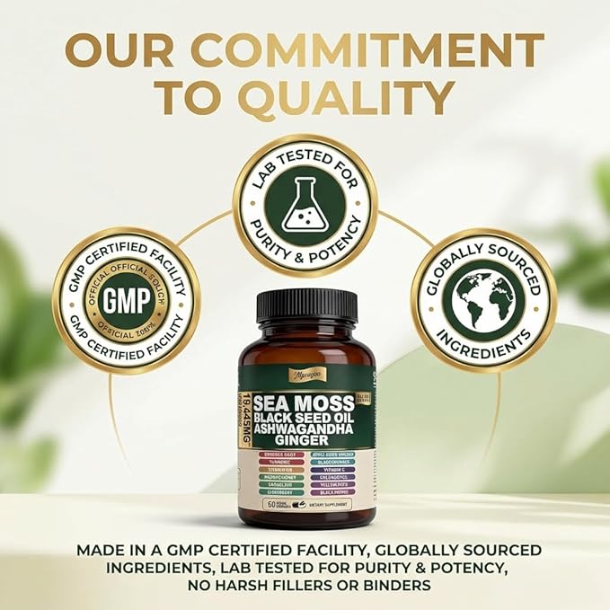 Sea Moss Black Seed Oil Ashwagandha Capsules - 10:1 Extract Blend 60ct