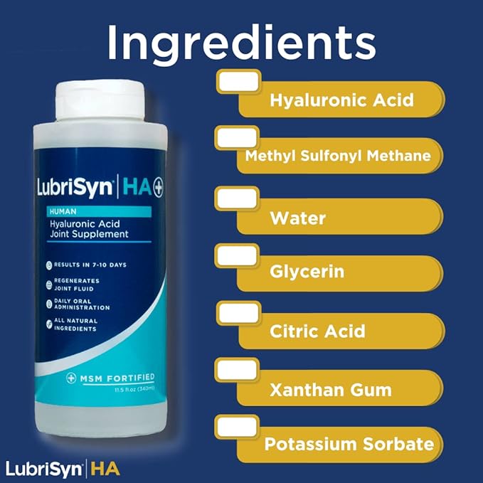 Lubrisyn Hyaluronic Acid Oral Joint Supplement with MSM – Liquid HA Formula for Humans – Promotes Joint Support Mobility Flexibility Hydration &amp Healthy Function for Men &amp Women – 3 x 11.5o