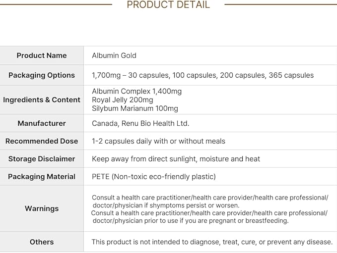 Royal Canadian Albumin Gold 1700mg | Liver Function | Fatigue Recovery | Immune System (30 x 1700mg Capsules)