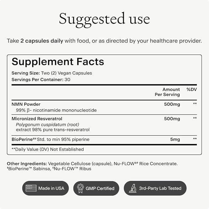 OMRE NMN + Resveratrol Supplement 99% Purity for Cellular Energy NAD+ Boost | Highly Bioavailable Nicotinamide Mononucleotide Supplement Resveratrol 500mg &amp NMN 500mg Made in USA 60 Capsules