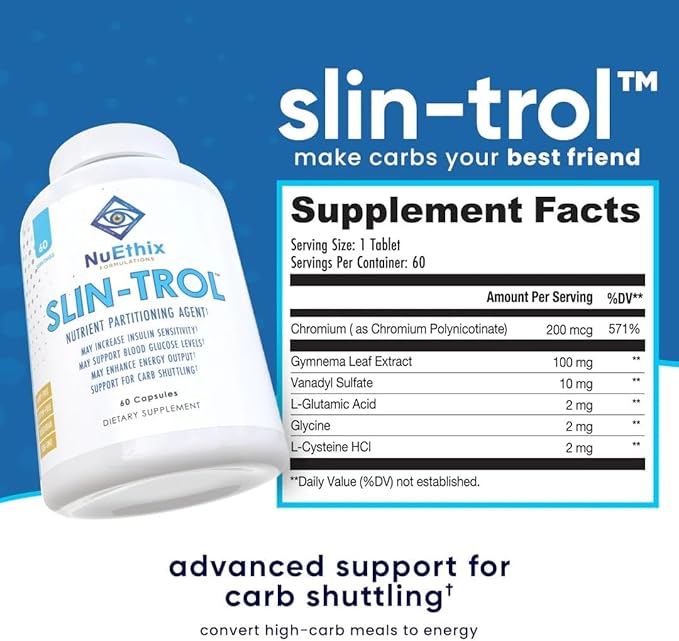NuEthix Formulations SLIN-Trol Glucose Disposal Agent Pills for Men &amp Women Nutrient Partitioning Supplement with Chromium Polynicotinate &amp Glycine Effective Carb Absorption Non-GMO 60 S