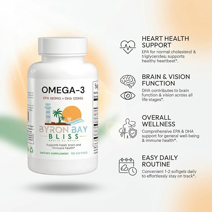 Omega 3 Fish Oil Capsules 1000mg – EPA 180mg DHA 120mg per Softgel – Omega-3 Fatty Acids Supplement for Heart Brain Joint &amp Eye Health – Fish Oil Pills for Women &amp Men – 100 Softgels
