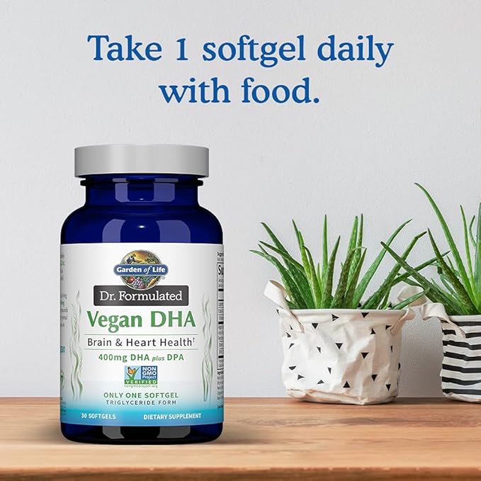 Garden of Life Omega 3 Vegan DHA Supplements Dr. Formulated Vegan DHA 400mg DHA &amp 90mg DPA in Triglyceride Form from a Single Source Omega 3 Supplement for Women's and Men's Health 30 Softgels