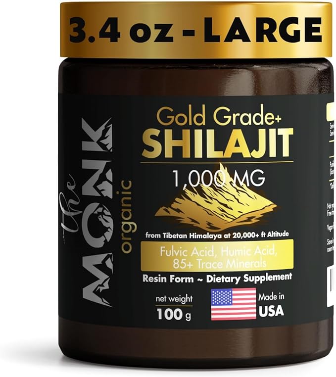 Organic Himalayan Shilajit Resin with Fulvic Acid Humic Acid 85+ Minerals- Gold Grade Plus - 100g 1000 mg Per Serving - Energy Stamina Brain Support - Made in The USA