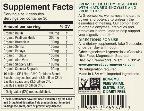 Greenworks Nature's Digest Gut Health Supplement Digestive Enzymes with Soil-Based Probiotics &amp Prebiotics Supports Digestion Bloating &amp Regularity Non-GMO Vegan Shelf-Stable Capsules 60