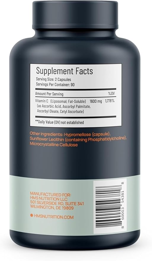 Liposomal Vitamin C 1600 mg — Fat‑Soluble High‑Absorption Liposomal C Capsules for Immune &amp Skin Support | NSF‑Certified Non‑GMO Gluten‑Free | 180 Capsules (90‑Day Supply)