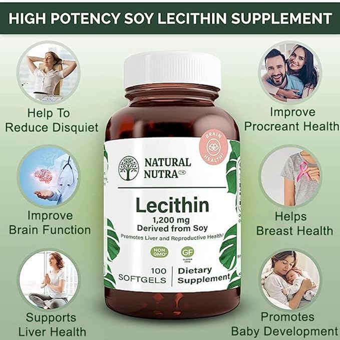 Natural Nutra Soy Lecithin 1200 mg Dietary Supplement - Brain Function Liver Health Hepls Breast Health Memory Boosting Supplement - Gluten-Free BPA-Free 100 Softgels in Recyclable Glass Bottles