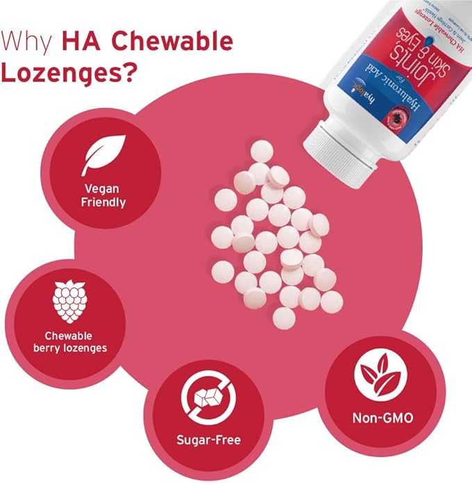 Hyalogic Hyaluronic Acid Chewable Lozenge - Chewable Tablets for Skin Care &amp Eyes – Vegan Sugar-Free and Berry Favored Hyaluronic Acid Supplements (60 Count)
