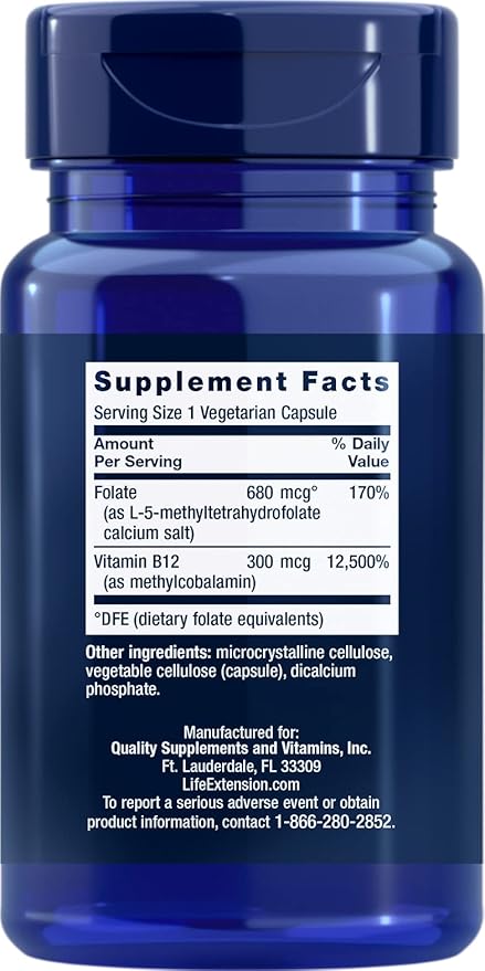 Life Extension BioActive Folate &amp Vitamin B12 150 Vegetarian Capsules (Pack of 2) Non GMO Gluten Free