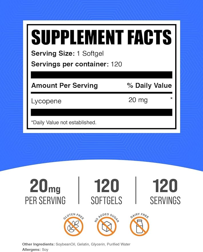 BulkSupplements.com Lycopene Softgels - Lycopene Supplement Antioxidants Supplement - Gluten Free 1 Softgel per Serving (20mg) 120 Softgels (Pack of 1)