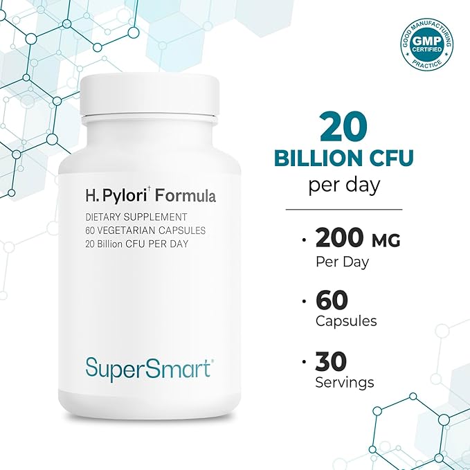 Supersmart H. Pylori Formula 20 Billion CFU per Day - Natural Probiotic Lactobacillus Reuteri DSM 17648 Supplement | Non-GMO &amp Gluten Free - 60 Vegetarian Capsules