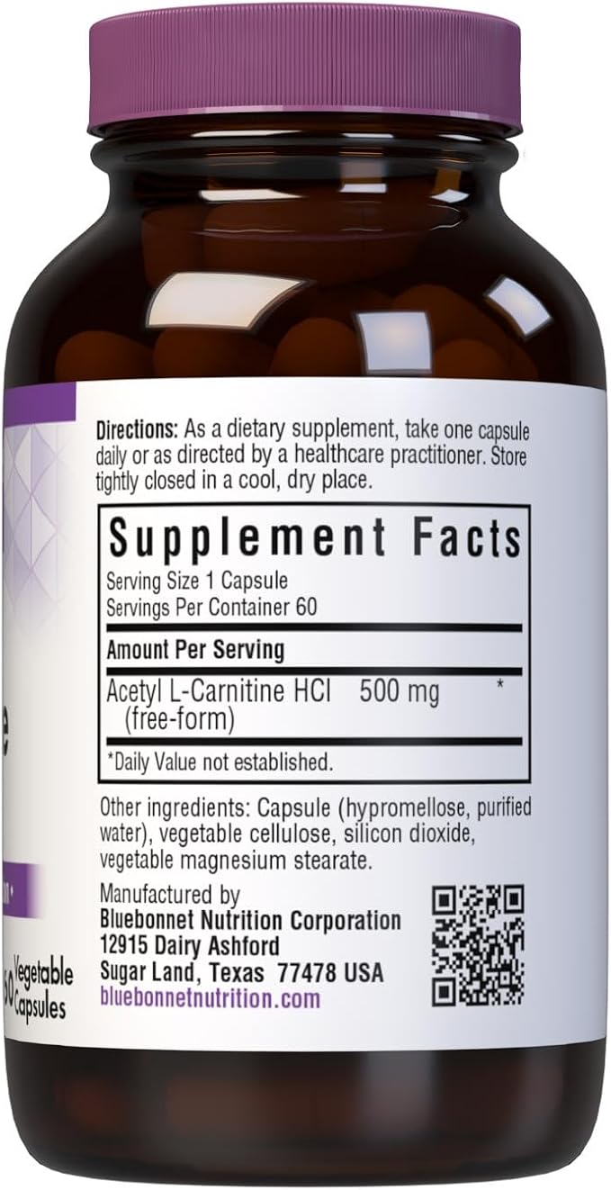 Bluebonnet Acetyl L-Carnitine 500 mg Vitamin Capsules 60 Count