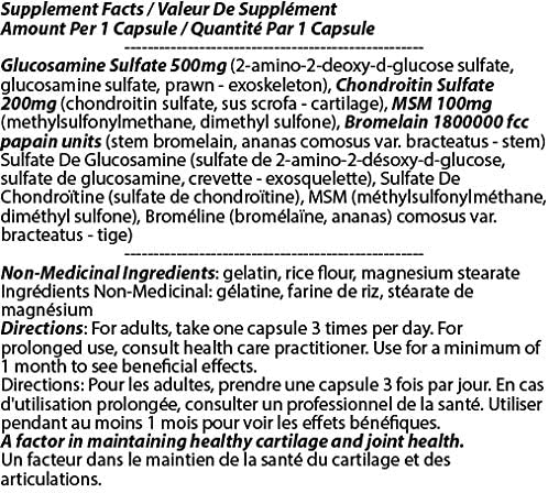4-in-1 GLS Glucosamine Sulfate 1250mg 150 Count - Joint Support Supplement Glucosamine Chondroitin MSM with Bromelain Cartilage Mobility &amp Flexibility Support Made in Canada