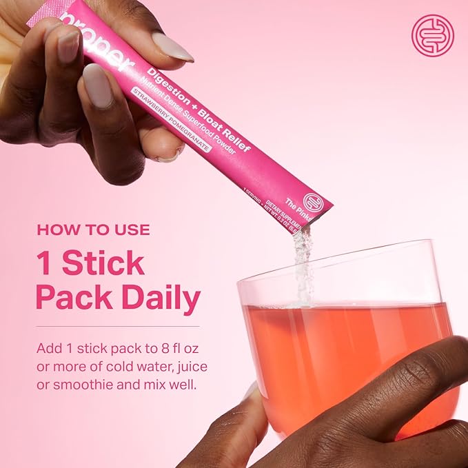 Proper The Pinks Digestion and Bloat Relief. Drink Mix with Gut Health Probiotics Prebiotics Beet Root &amp Enzymes for Digestive Support. Bloating and Microbiome Supplement for Women and Men