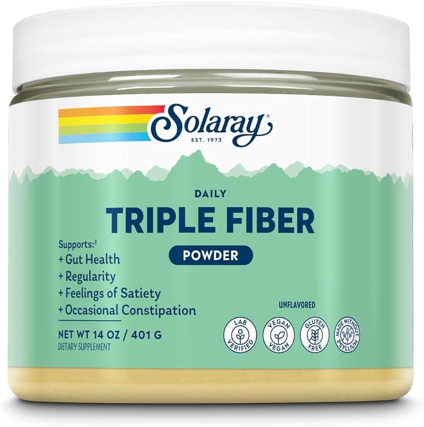SOLARAY Triple Fiber Powder - Daily Fiber Supplement for Women and Men w/Prebiotics - Gut Health Occasional Constipation Digestive Health Support Unflavored Vegan Gluten Free 30 Servings 14oz