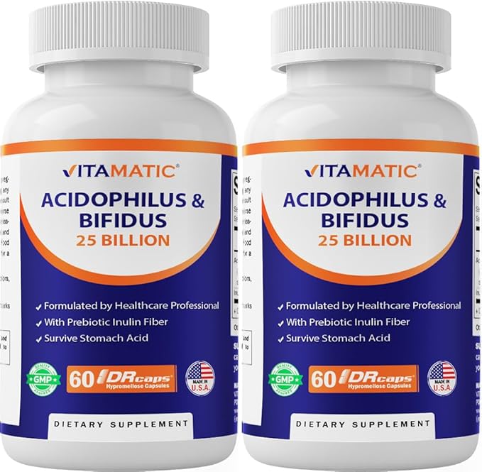 Vitamatic Acidophilus Bifidus 25 Billion DR Capsule - 60 Count - Digestive Support - Made with Prebiotic Inulin Fiber - 2 Pack (120 Count)