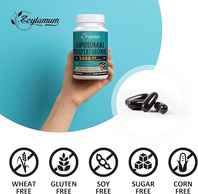 2400 MG Liposomal Glutathione Softgels Max Absorption Active Form L-Glutathione Reduced (GSH) with Hyaluronic Acid Resveratrol Master Antioxidants for Detox Brain Immune System 360 Softgels