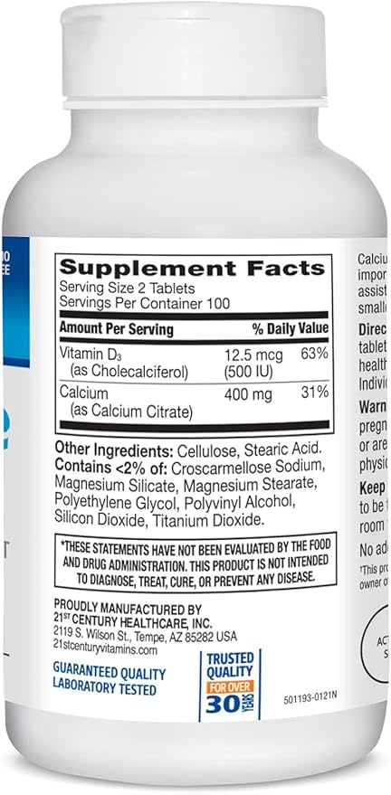 21st Century Calcium Citrate Petites + D3 Coated Tablets - 200 Tablets Pack of 3