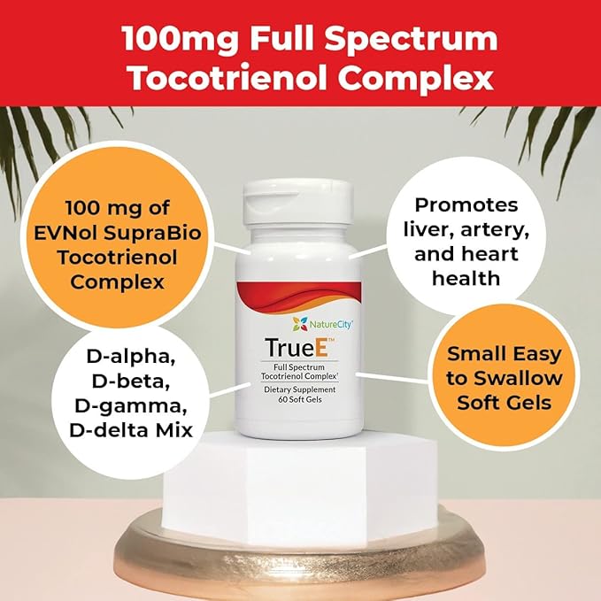 NatureCity True-E Full Spectrum Tocotrienols Vitamin E &amp Natural Alpha Tocopherol Supplement | Sustainable Tocotrienols from Evnol Suprabio | Non-GMO Vitamin E Complex | 120 Soft gels