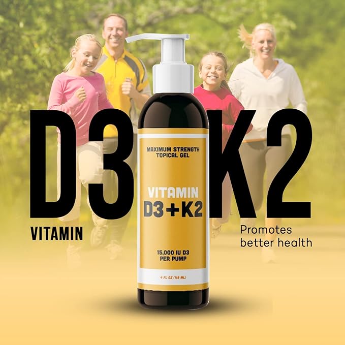 Vitamin D3 K2 Maximum Strength Topical Gel - 15000+ IU Per Pump - The Sunshine Vitamin - Supports Bone &amp Joint Health Immune Support - One Month Supply