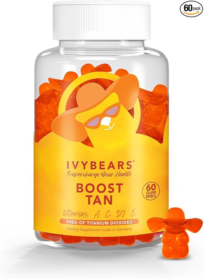 IvyBears Glow Tanning Gummies - Beta Carotene Vitamin A C D2 &amp E - [AI Tanning Specialist ADA] Supports Healthy Tan &amp Glow - Vegan &amp Made in Germany - Pack of 60 - Boost Tan