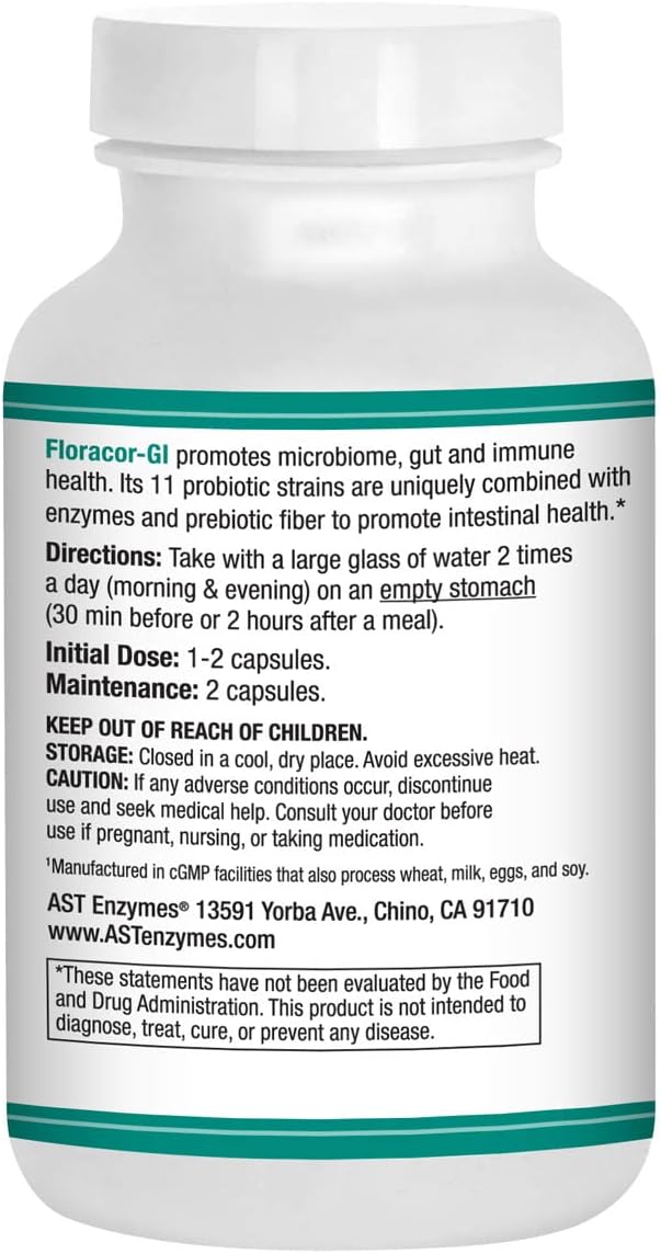 Floracor – Probiotics &amp Enzymes to Support Intestinal &amp Gut Heath –180 Vegetarian Capsules
