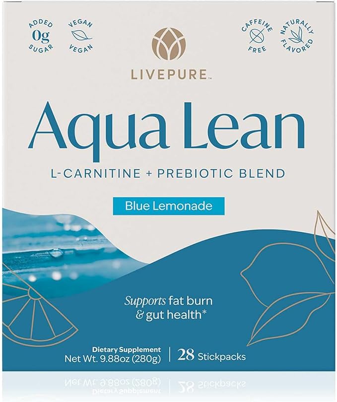 PURE Aqua Lean | L-Carnitine &amp Prebiotics for Energy Support | Vegan Sugar-Free Gluten-Free Caffeine-Free | Helps Support Metabolism &amp Digestive Health | 28 Convenient Stick Packs