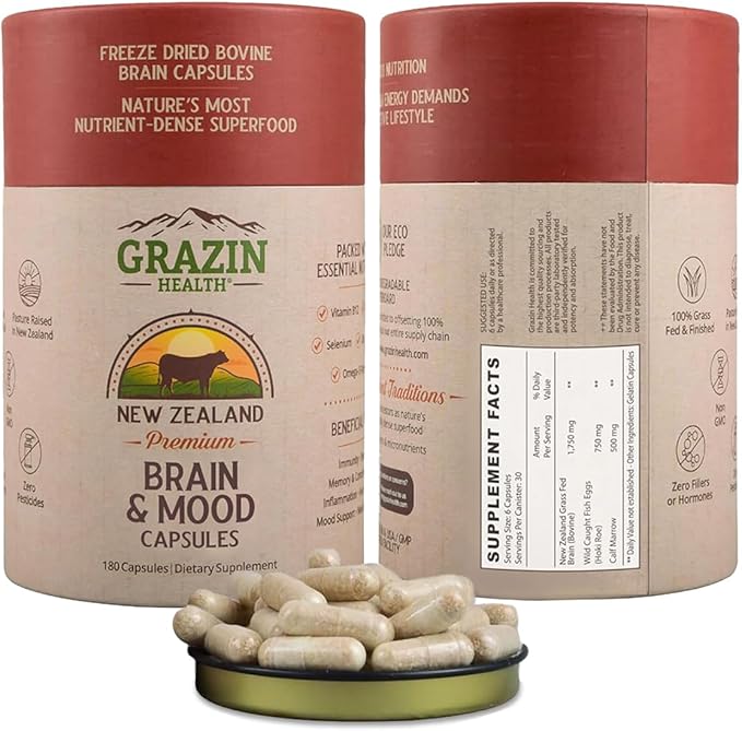 Brain Mood Capsules Beef Organ Supplement 1750mg Per Serving | 30 Servings Nutrient Dense Formula Non GMO No Fillers Made in USA Dietary Supplement