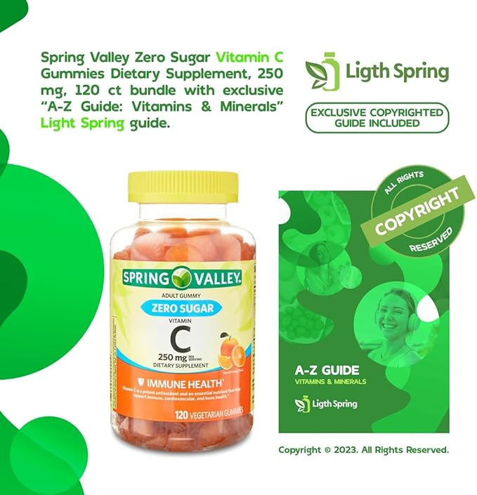 Zero Sugar Vitamin C Gummies Dietary Supplement 250 mg 120 Ct Bundle with Exclusive Vitamins &amp Minerals - A to Z - Better Ligth&ampSpring Guide