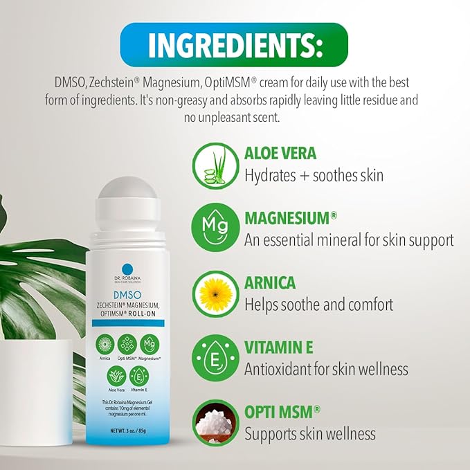 Dr. Robaina DMSO Roll-On – 99.9% Pure Dimethyl Sulfoxide | Formula with Zechstein Magnesium Arnica Aloe Vera &amp Vitamin E Non-Greasy Topical Formula | 3 oz
