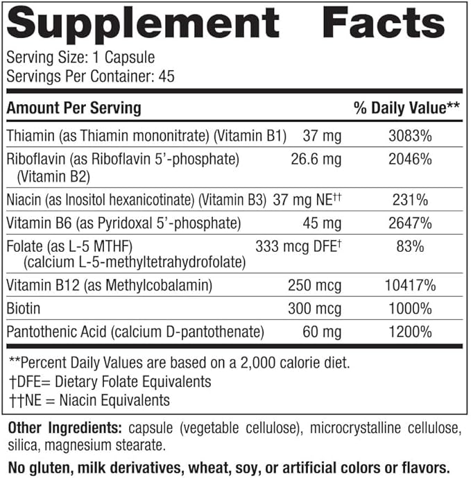 Nordic Naturals Vitamin B Complex - 45 Capsules Thiamine Riboflavin Niacin B6 &amp B12 Folate Biotin Pantothenic Acid Heart Brain Health Energy Metabolism Non-GMO Servings