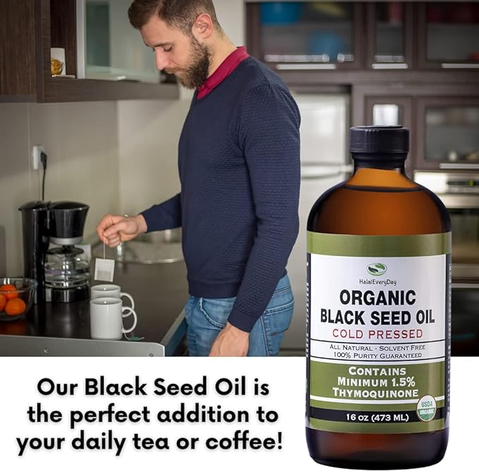 HalalEveryDay Organic Black Seed Oil - USDA Certified Cold Pressed Glass Bottle Over 1.5% 3X Thymoquinone Turkish Black Cumin Nigella Sativa Non-GMO 100% Pure Blackseed Oil (16oz Glass)