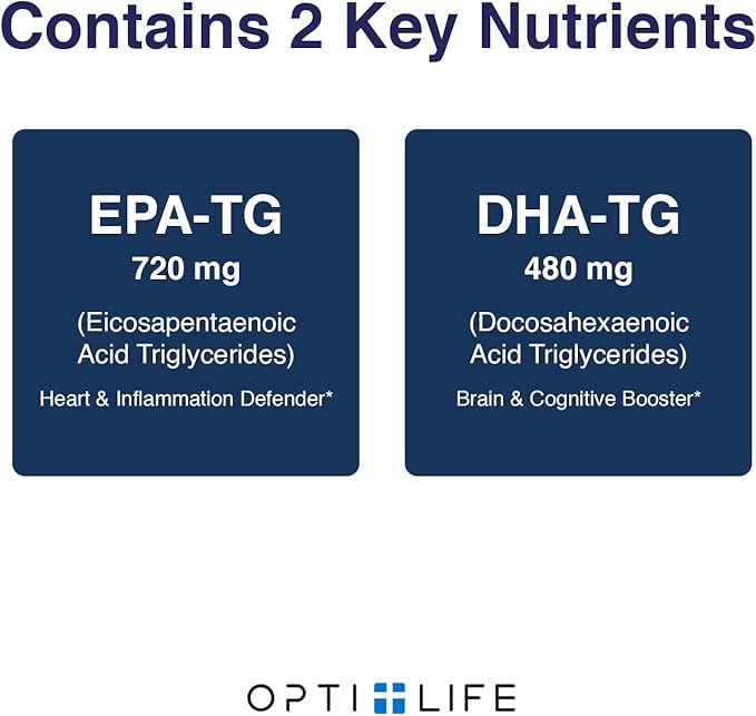 Opti + rTG Omega-3 Supplements | Heart Immune Brain and Eye Health Supplements for Adults | Daily Use Omega 3 DHA EPA Capsules | 120 Softgels/ 60 Servings
