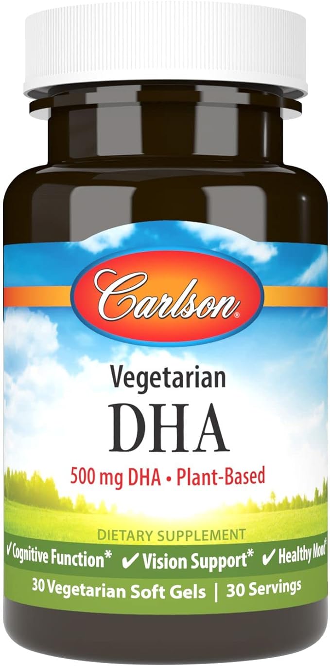 Carlson - Vegetarian DHA 500 mg DHA Plant Based Sustainably Sourced from Algae Brain Support Mood Health 30 Softgels