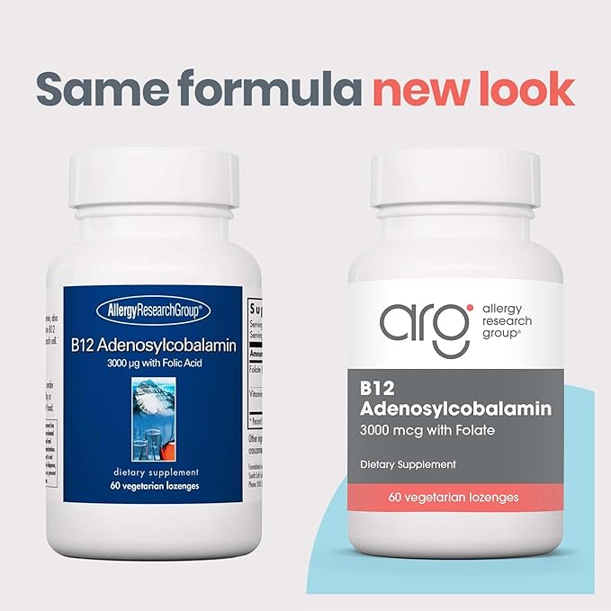 Allergy Research Group B12 Adenosylcobalamin Supplement - with Folic Acid Vitamin B12 3000 mcg Folate Pure B12 Vegetarian Lozenges - 60 Count