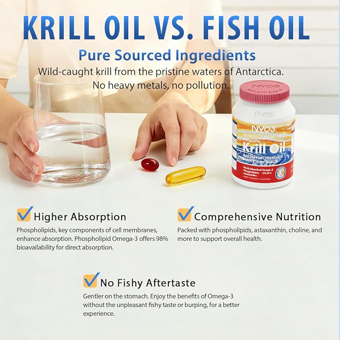 NYO3 Pure Antarctic Krill Oil Omega 3 Supplement Beyond Fish Oil with Choline &amp Antioxidant Astaxanthin for Heart Brain GMP Third Party Tested No Fishy Burps - 425mg 30 Softgels