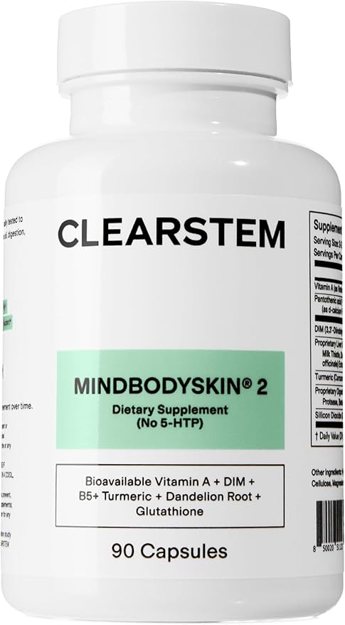 CLEARSTEM - MINDBODYSKIN Hormonal Acne Supplement (No 5-HTP) - Natural DIM Supplement - Skin Care Vitamins - Hormone Balance Antioxidants - Gluten Free Cruelty Free - 30 Servings 90 Capsules