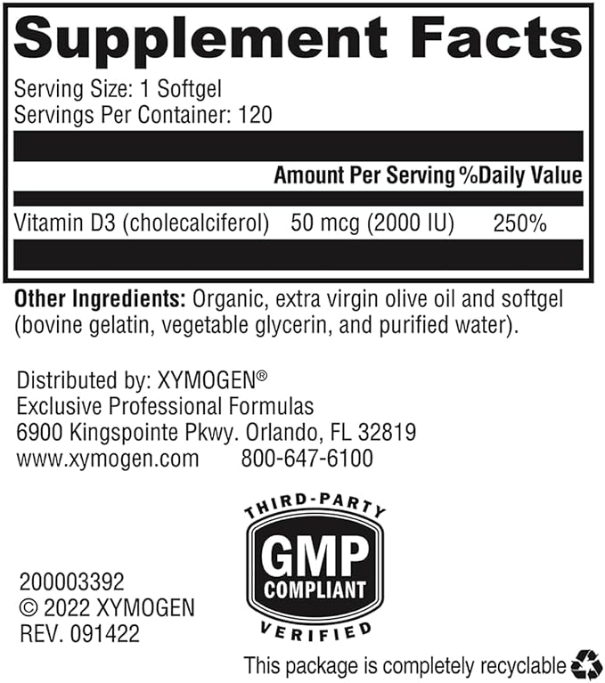 XYMOGEN D3 2000 - Bioavailable Vitamin D3 2000 IU (50 mcg) - High Strength Vitamin D Supplement for Immune Bone &amp Heart Health Support - 120 Softgels