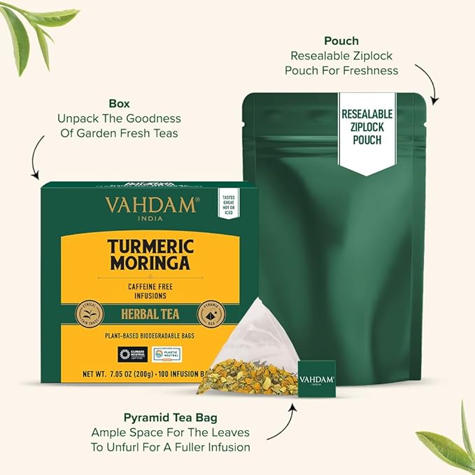 VAHDAM Turmeric Moringa Tea Bags (100 Herbal Tea Bags) Caffeine Free Non GMO | 100% Pure Herbal Blend - Sweet &amp Earthy | Resealable Ziplock Pouch