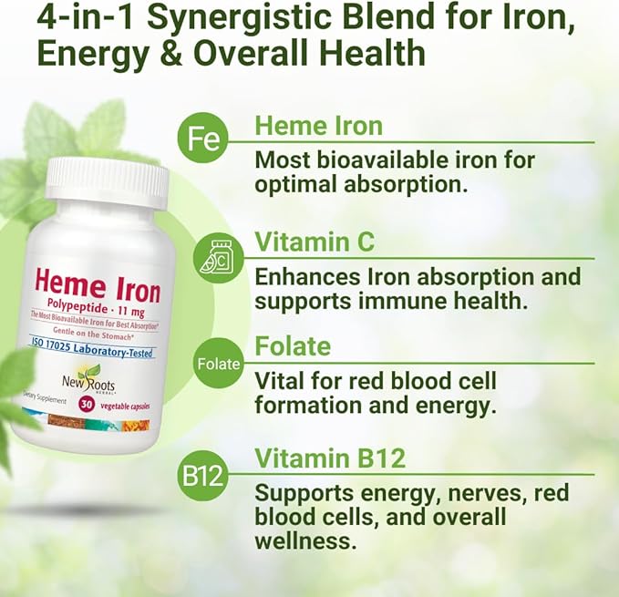 NEW ROOTS HERBAL Heme Iron Supplement | 4-in-1 Formula with Vitamin C B12 Folate for Best Absorption | Raise Hemoglobin &amp Ferritin for Women &amp Men Low-FODMAP (30 Capsules)