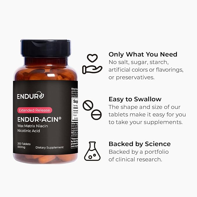 ENDUR-ACIN - Niacin B3 - ER (Extended Release) 500 mg - Nicotinic Acid - Healthy Heart &amp Cholesterol Balance Supplement - Low-Flush High-Potency Niacin with 4–8 HR Timed-Release Matrix - 200 Table