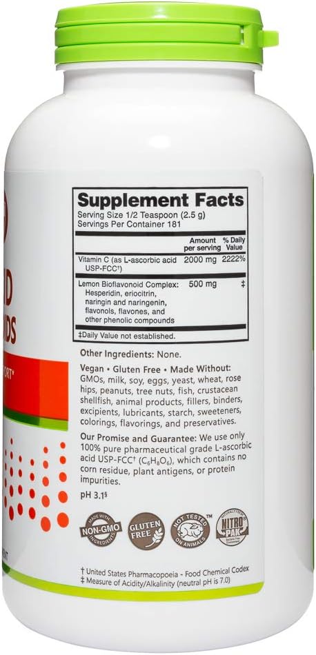 NutriBiotic - Ascorbic Acid with Bioflavonoids Powder 16 Oz | Highly Soluble Antioxidant &amp Collagen Support Supplement | 2000 Mg Vitamin C with Lemon Bioflavonoid Complex | Vegan Gluten &amp GM